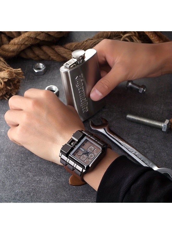 Oulm My souq store:Oulm Men's Large Square Quartz Wrist Watch - Matte Black Case with Premium Leather Strap. - Image 3